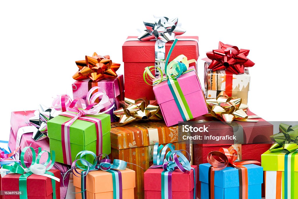 Christmas presents Pile of colorful christmas presents isolated on white background Birthday Stock Photo