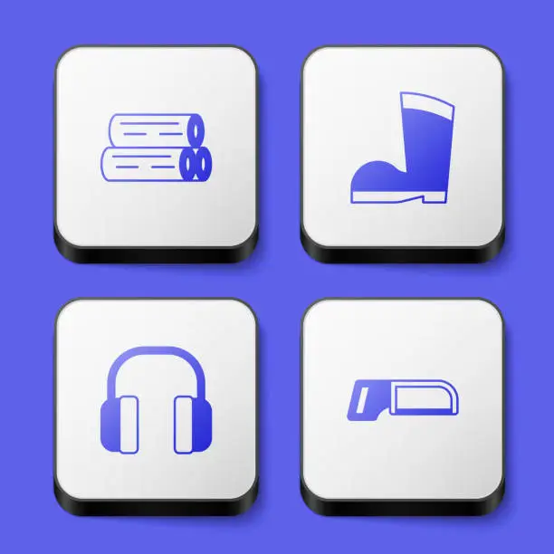 Vector illustration of Set Wooden log, Waterproof rubber boot, Headphones and Hacksaw icon. White square button. Vector