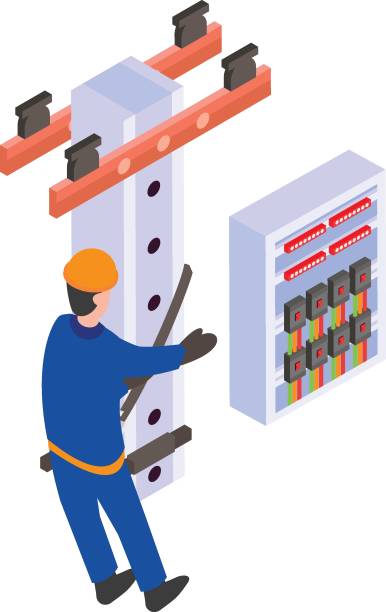 linienrichter klettern auf zement elektromast tragen helm isometrisch konzept vektor icon design, elektroingenieur symbol, verdrahtungsspezialist - werkzeuge, illustration stock-illustration - switchgear electricity substation electricity power line stock-grafiken, -clipart, -cartoons und -symbole