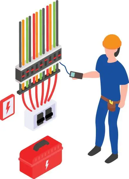 Vector illustration of Young Person Checking and Testing Wire using Multimeter isometric Concept vector icon design, Electrical engineer symbol, Wiring specialist Sign, maintenance technician tools stock illustration