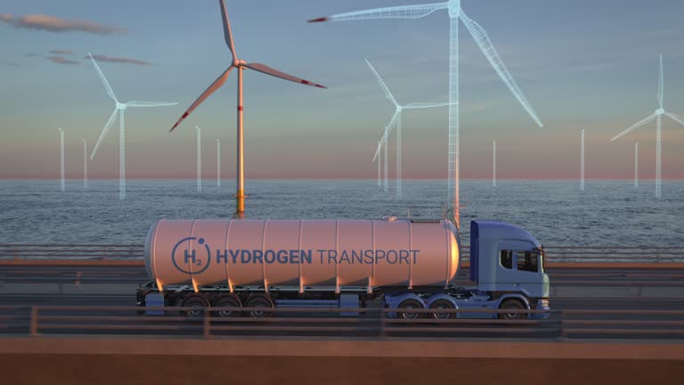 Growing wind farm behind a generic electric semi truck driving along a bridge