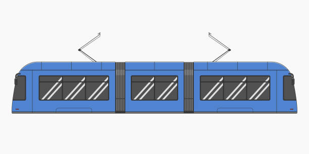 illustrations, cliparts, dessins animés et icônes de bleu moderne tram voie train vue latérale vectorielle illustration - bus speed transportation public utility