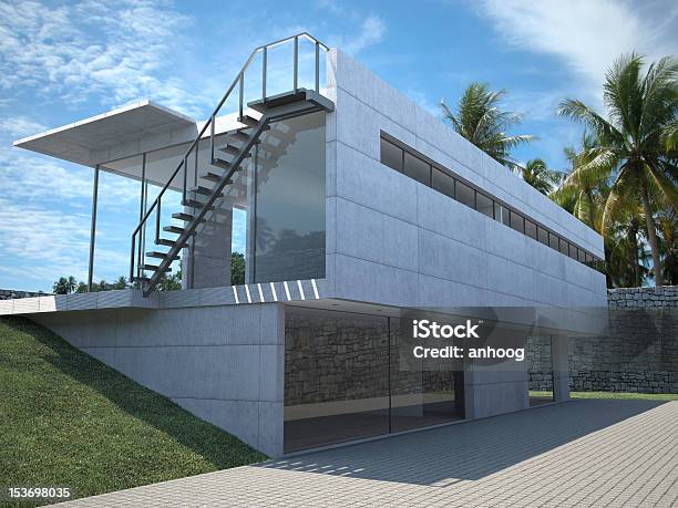 Modern House Exterior With Palms Stock Photo - Download Image Now - Architecture, Building Exterior, Built Structure