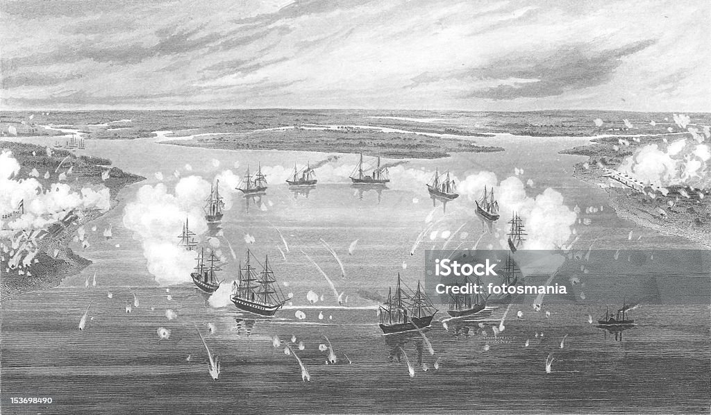 Bombardment Битва Port Royal гравировка 1863 - Стоковые иллюстрации 1863 роялти-фри