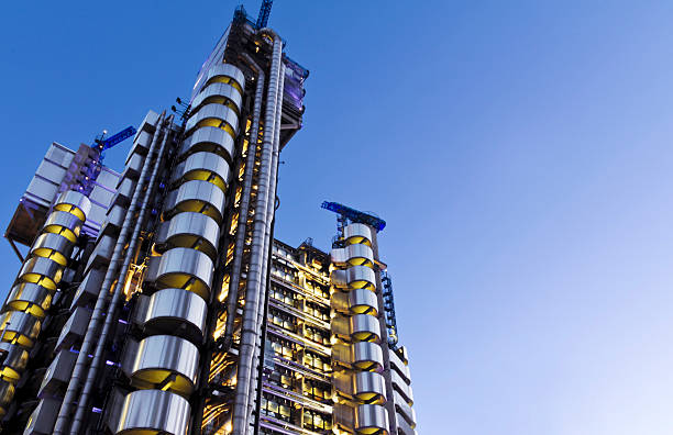 A photograph of the Lloyds Building in London from ground up The Lloyd's Building (also known as The Inside-Out Building) with copy space. It is the home of the insurance institution Lloyd's of London, and is located at One Lime Street, in the City of London, England. lloyds of london photos stock pictures, royalty-free photos & images