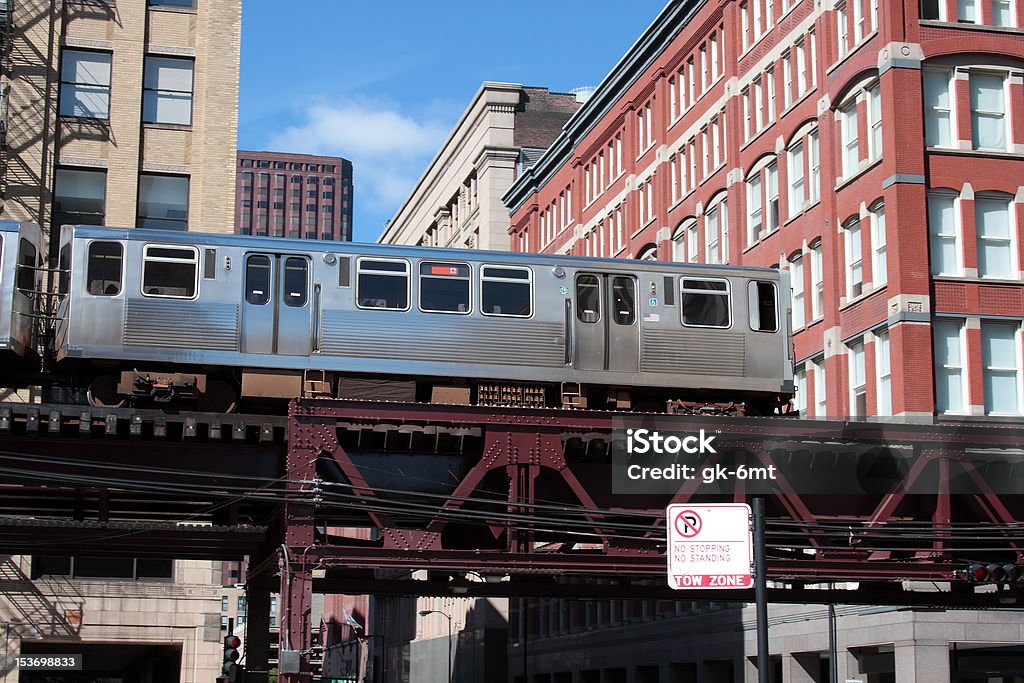 El. Overhead commuter train in Chicago Elevated commuter train in Chicago Chicago - Illinois Stock Photo