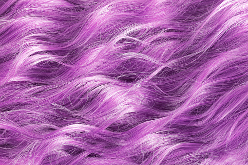 Texture of long purple wavy hair. Hair coloring and styling concept