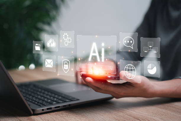 istock Ai of artificial intelligence use analytics in business work concept, Business women hold smartphone and use AI technology development work efficiency analyze data for future 1536992825