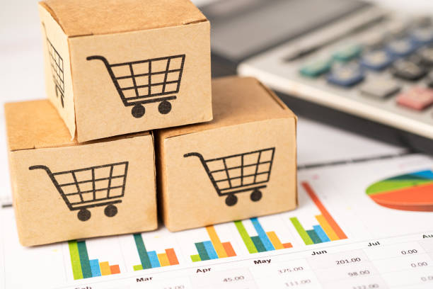 Shopping cart logo on box on graph background. Banking Account, Investment Analytic research data economy, trading, Business import export transportation online company concept. logotipo del carrito de la compra en la caja sobre el fondo del gráfico. cuenta bancaria, economía de datos de investigación analítica de inversión, comercio, concepto de empresa de transporte de exportación de importación de negocio en línea.