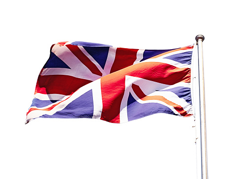 UK flag and flagpole on a pure white background.