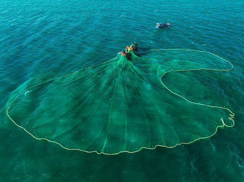 Drone view of fishing boat is netting on the sea of Tuy Hoa, Phu Yen province, central Vietnam