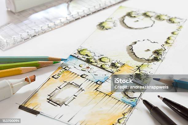 Landscape Design Sketch Of Small Garden Stock Photo - Download Image Now - Plan - Document, Drawing - Art Product, Ornamental Garden