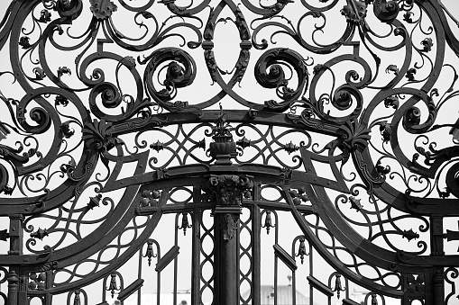 Close up of ornaments on old iron gate near Belvedere castle in Vienna. selective focus.