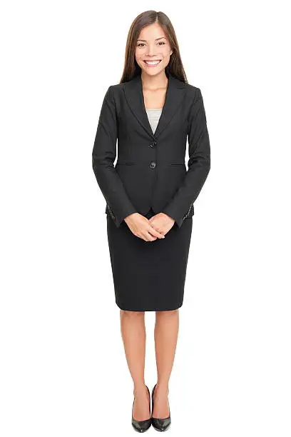 Business woman full body standing isolated on white background with copy space. Click for more: