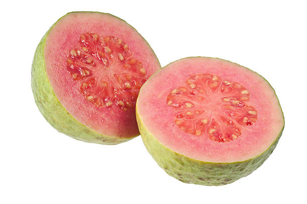 Two halves pink guava Halves pink guava isolated on white background guava photos stock pictures, royalty-free photos & images