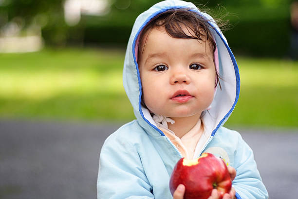 kid with apple stock photo