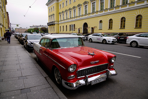 Saint Petersburg, Russia - Oct 13, 2016. An old car on street in St Petersburg, Russia. Saint Petersburg has a significant historical and cultural heritage.