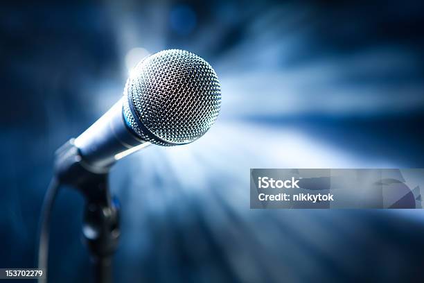 Microphone On Stage Stock Photo - Download Image Now - Audio Equipment, Blue, Chrome