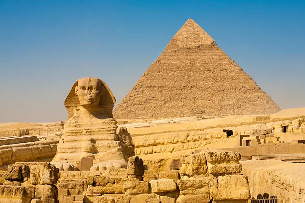 The Sphinx and the Pyramid of Khafre slightly offset in Giza, Cairo, Egypt