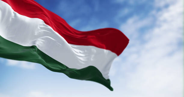 la bandera nacional de hungría ondeando en el viento en un día claro - hungarian flag fotografías e imágenes de stock