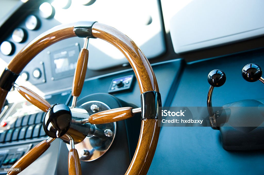 steering wheel steering wheel on a luxury yacht. Close-up Stock Photo