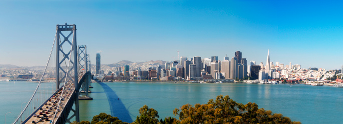 A shot of San Francisco skyline, taken from the Treasure Island. This is a panoramic shot with a lot of detail. 