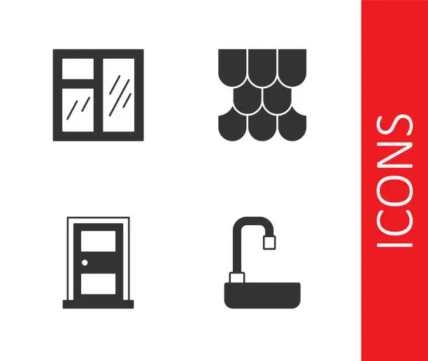 Vector illustration of Set Washbasin, Window room, Closed door and Roof tile icon. Vector