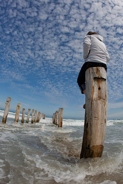 Looking out at the sea A girl sits on an jetty post looking out to sea during high tide old jetty dunedin stock pictures, royalty-free photos & images