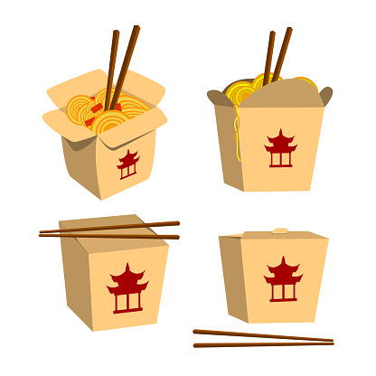 Set of China food boxes illustrations isolated on white background. China food icons. Fast food. Vector design element.