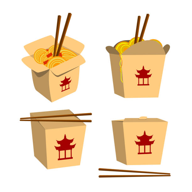 Set of China food boxes illustrations isolated on white background. China food icons. Fast food. Vector design element. Set of China food boxes illustrations isolated on white background. China food icons. Fast food. Vector design element. chinese takeout stock illustrations