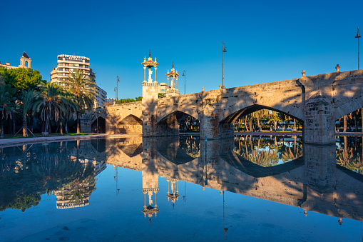 Beautiful architecture of bridges over the Turia park in Valencia, Spain