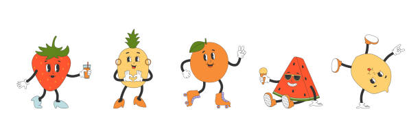 istock Set of cute fruit characters in y2k groovy style 1537079447