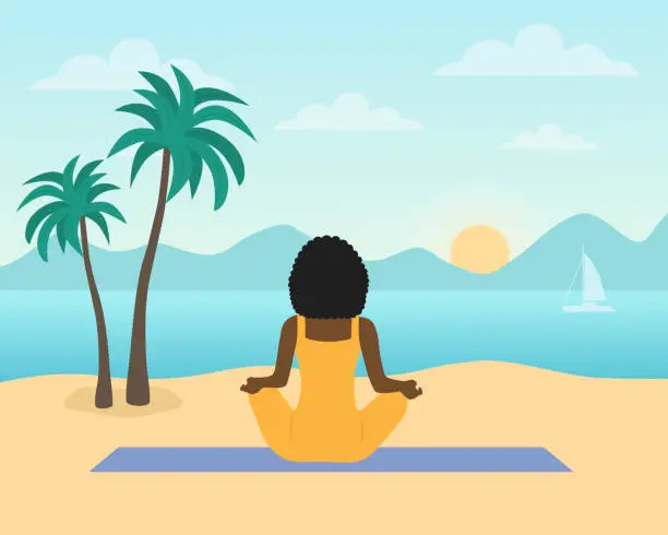 Vector illustration of Rear View Of African Woman Sitting In Lotus Position And Performing Meditation Exercise In Front Of Sunrise