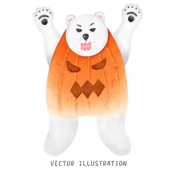Vector illustration of A cute watercolor polar bear dressed as a pumpkin for Halloween