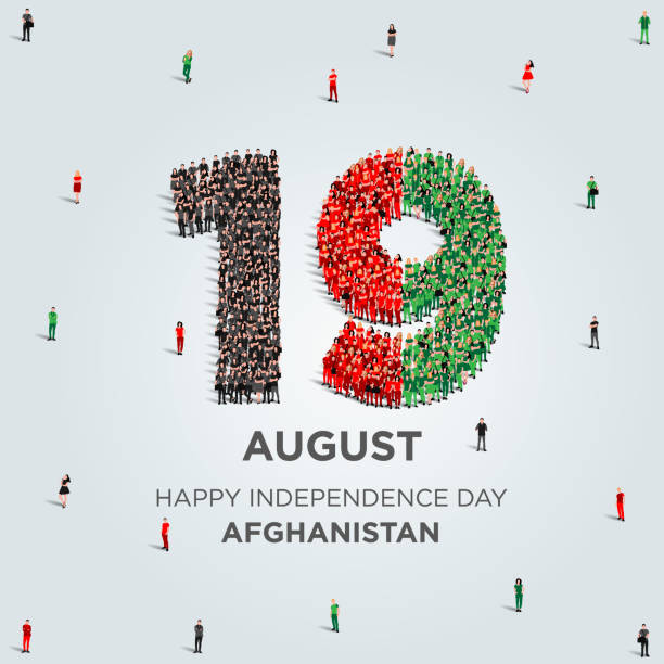 ilustraciones, imágenes clip art, dibujos animados e iconos de stock de feliz día de la independencia de afganistán. un gran grupo de personas se forma para crear el número 19 mientras afganistán celebra su día de la independencia el 19 de agosto. ilustración vectorial. - afghanistan person