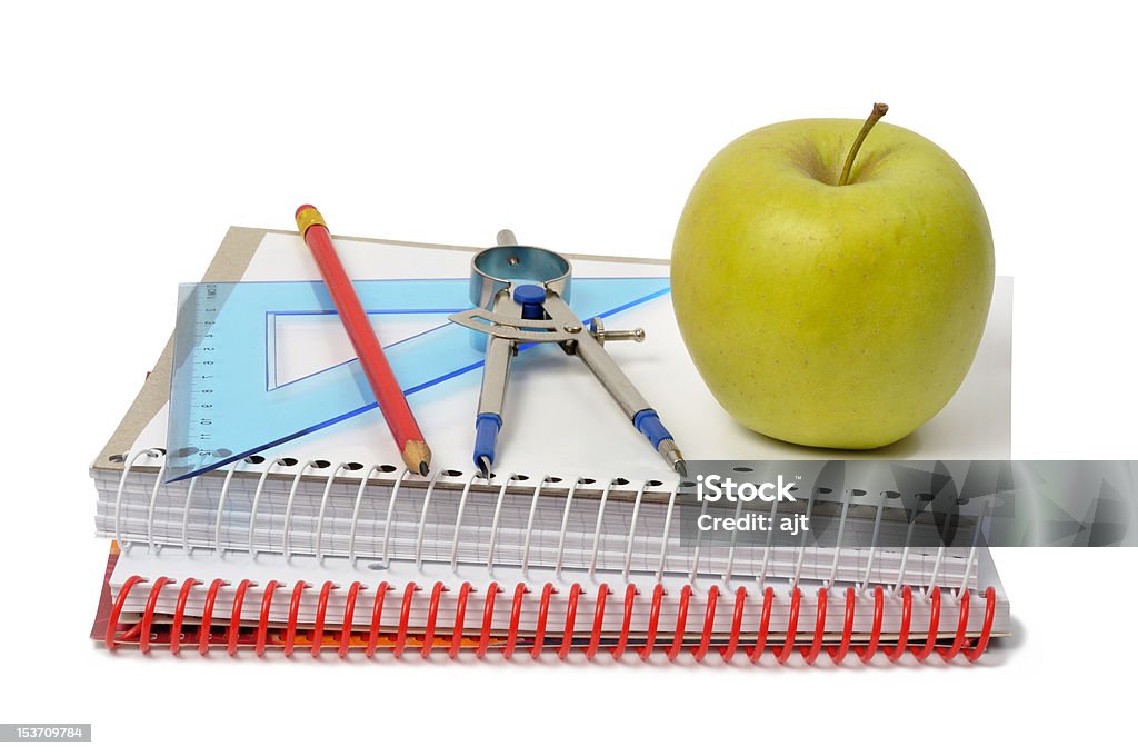 School Accessories School accessories and apple on white background Apple - Fruit Stock Photo