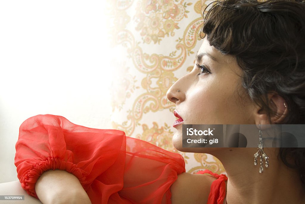 Woman in Red Dress Against Paisly Background A beautiful, elegant young woman of middle eastern descent wearing a vintage red dress and red lipstick. The strong light enhances her angular profile. Other images of this model available. 20-29 Years Stock Photo
