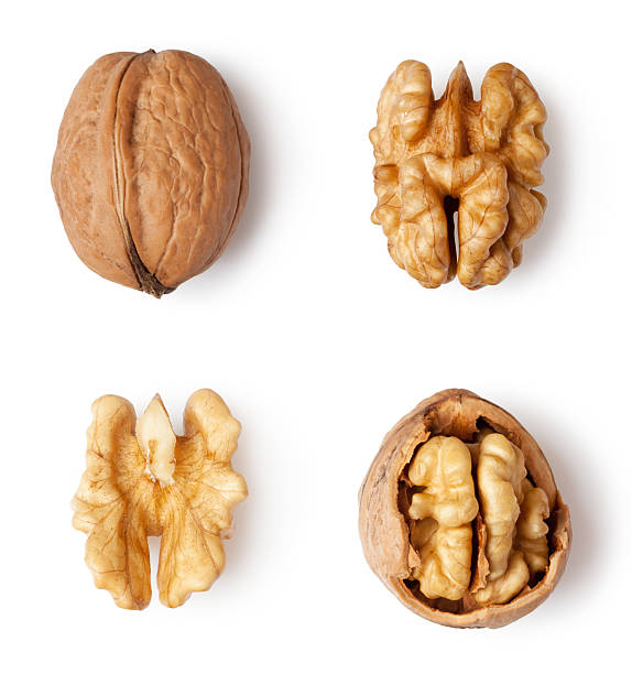 walnut walnut and a cracked walnut isolated on the white background walnut photos stock pictures, royalty-free photos & images