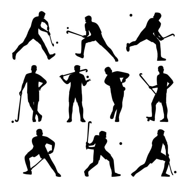 ilustraciones, imágenes clip art, dibujos animados e iconos de stock de conjunto de personajes de jugadores de hockey sobre hierba. - hockey cesped
