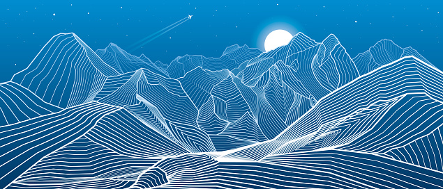 Mountains outline illustration. Night landscape. Himalayas. Snow hills.  Moon and stars. Vector design art