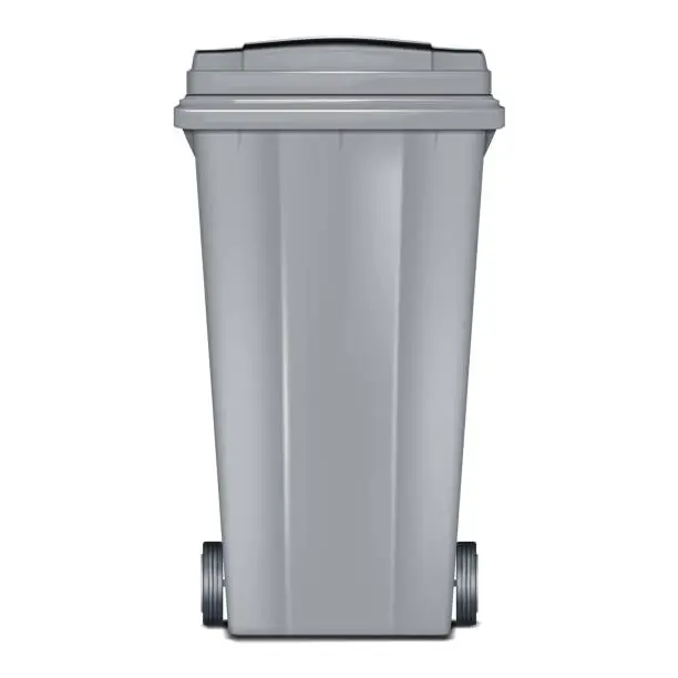 Vector illustration of Outdoor plastic dustbin with hinged lid and wheels vector mockup. Wheeled dust bin isolated on white background realistic mock-up. Trash can, large waste container. Template for design