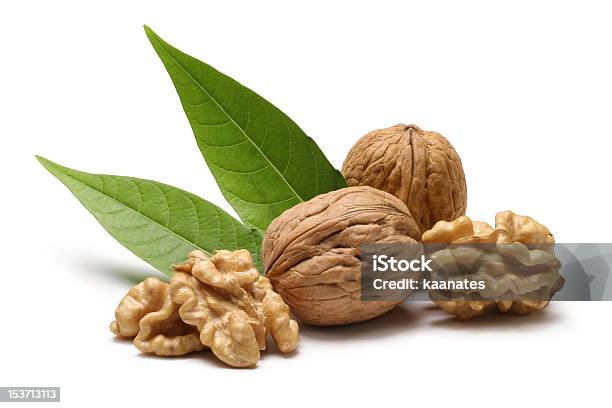 Walnuts With Leaves Isolated On White Background Stock Photo - Download Image Now - Walnut, White Background, Cut Out
