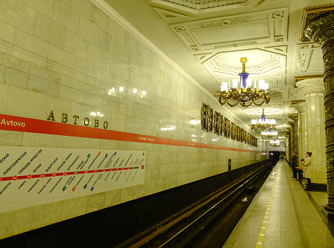 Saint Petersburg, Russia - Oct 9, 2016. Interior of the underground metro station in Saint Petersburg, Russia. Saint Petersburg has a significant historical and cultural heritage.