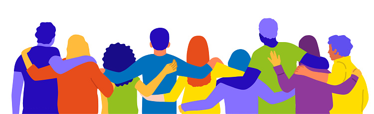 People hugging together. Supportive community, togetherness, mutual care and love concept. Flat graphic vector illustration.