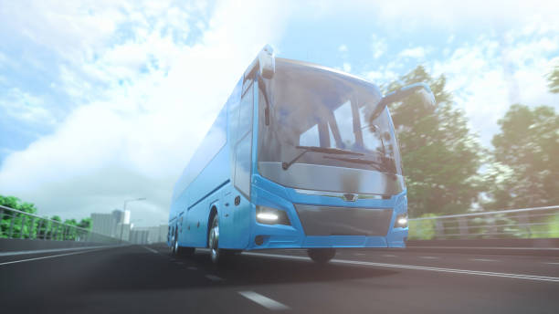 istock Blue tourist passenger modern bus on the highway. Surrounded by nature, trees, fields. Concept of tourism and transportation of people between cities. Sunny summer day. 3d rendering 1537180265