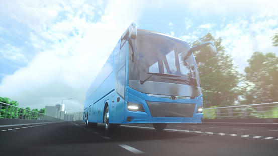 Blue tourist passenger modern bus on the highway. Surrounded by nature, trees, fields. Concept of tourism and transportation of people between cities. Sunny summer day. 3d rendering