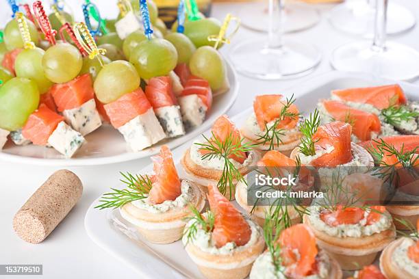 Snacks With Salty Salmon And Cheese For Wine Stock Photo - Download Image Now - Appetizer, Banquet, Canape