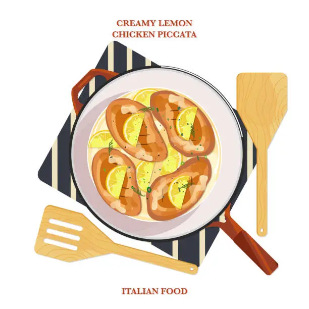 Vector illustration of Creamy lemon chicken piccata in a pan, vector illustration, top view, food elements collection white background.