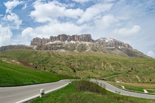 Panoramic view at Gruppo del Sella and Piz Boe. Italian Alps, Trentino Alto-Adige