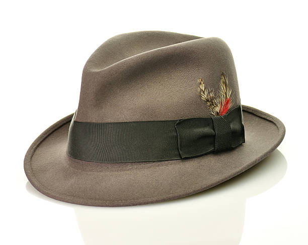 A gray fedora hat with feathers on a white background stock photo